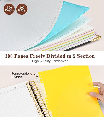 دفتر ملاحظات حلزوني كبير بغلاف مقوى مقاس 8.5 بوصة × 11 بوصة مع علامات تبويب فواصل قابلة للإزالة، 300 صفحة جلدية 5 موضوعات دفتر ملاحظات جامعي، مجلة A4 للنساء والرجال، دفاتر ملاحظات للعمل في مدرسة العمل، أسود in Kuwait