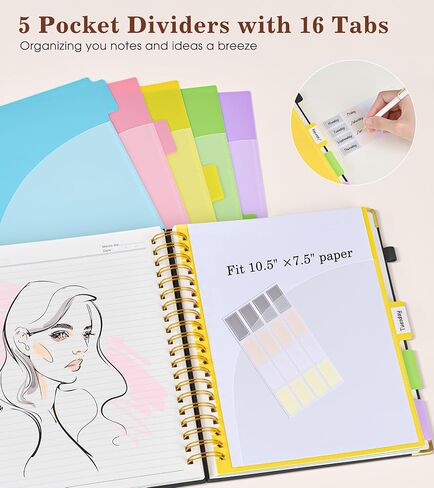 دفتر ملاحظات حلزوني كبير بغلاف مقوى مقاس 8.5 بوصة × 11 بوصة مع علامات تبويب فواصل قابلة للإزالة، 300 صفحة جلدية 5 موضوعات دفتر ملاحظات جامعي، مجلة A4 للنساء والرجال، دفاتر ملاحظات للعمل في مدرسة العمل، أسود in Kuwait