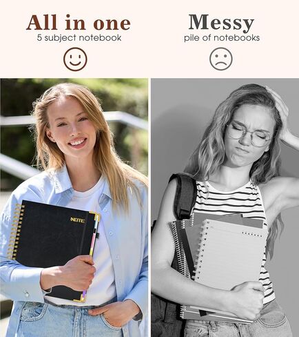 دفتر ملاحظات حلزوني كبير بغلاف مقوى مقاس 8.5 بوصة × 11 بوصة مع علامات تبويب فواصل قابلة للإزالة، 300 صفحة جلدية 5 موضوعات دفتر ملاحظات جامعي، مجلة A4 للنساء والرجال، دفاتر ملاحظات للعمل في مدرسة العمل، أسود in Kuwait