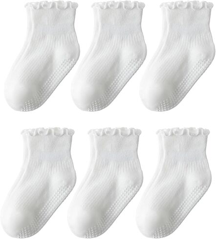 DarkCom Toddler Baby Socks Ruffle Girls Grip Non Slip 6 Pairs Socks for Kids Cute Ankle Frilly 6M-5Years in Saudi Arabia