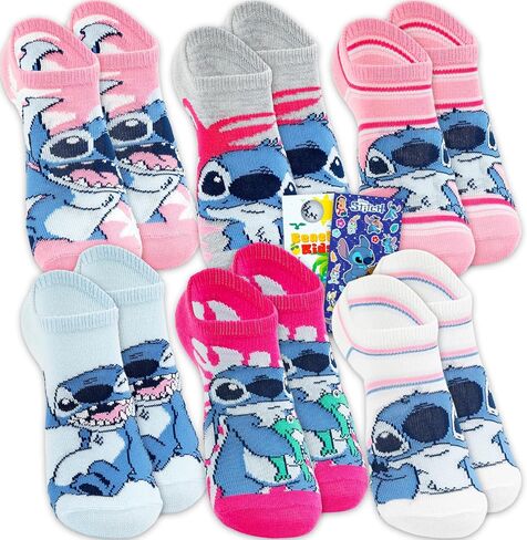 Lilo and Stitch Socks Set for Girls - Bundle with 6 Pairs of Disney No Show Socks Sizes 10-4 Plus Stickers, More | Stitch No Show Socks for Kids in Saudi Arabia