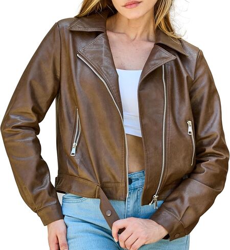 Women's Faux Leather Jacket Classic Cropped Motorcycle Biker Jacket Slim Fit Lightweight for Spring Fall in Saudi Arabia