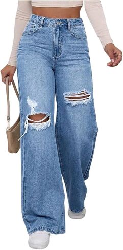 GORGLITTER Girl's Baggy Jeans Elastic High Waisted Wide Leg Y2k Distressed Ripped Casual Denim Pants Trouses Streetwear in Saudi Arabia