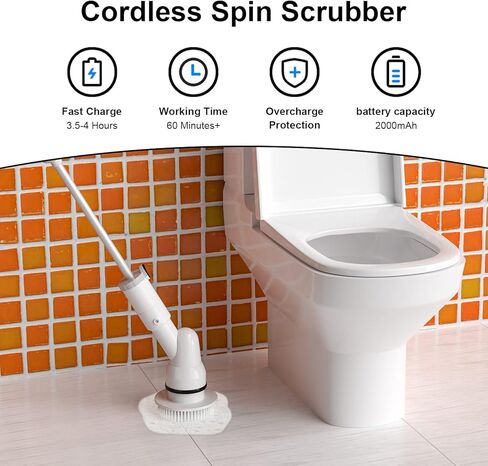 Electric Spin Scrubber, ACRIMAX Cordless Shower Cleaning Brush with 3 Ajustable Angle Head, 90mins Running Time, Extension Handle for Tub Car Shower Easy to Use, Grey in Kuwait
