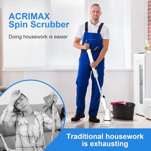 Electric Spin Scrubber, ACRIMAX Cordless Shower Cleaning Brush with 3 Ajustable Angle Head, 90mins Running Time, Extension Handle for Tub Car Shower Easy to Use, Grey in Kuwait