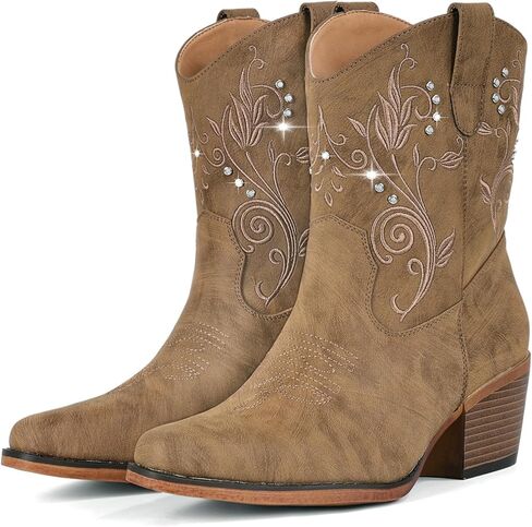 IUV Cowboy Boots for Women Ankle Cowgirl Boots with Embroidered Rhinestone Decor Chunky Heel Snip Toe Classic Western Wide Booties in Saudi Arabia