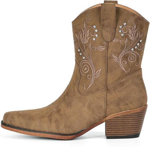 IUV Cowboy Boots for Women Ankle Cowgirl Boots with Embroidered Rhinestone Decor Chunky Heel Snip Toe Classic Western Wide Booties in Saudi Arabia