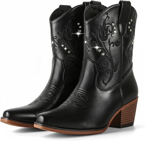 IUV Cowboy Boots for Women Ankle Cowgirl Boots with Embroidered Rhinestone Decor Chunky Heel Snip Toe Classic Western Wide Booties in Saudi Arabia