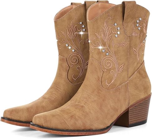IUV Cowboy Boots for Women Ankle Cowgirl Boots with Embroidered Rhinestone Decor Chunky Heel Snip Toe Classic Western Wide Booties in Saudi Arabia
