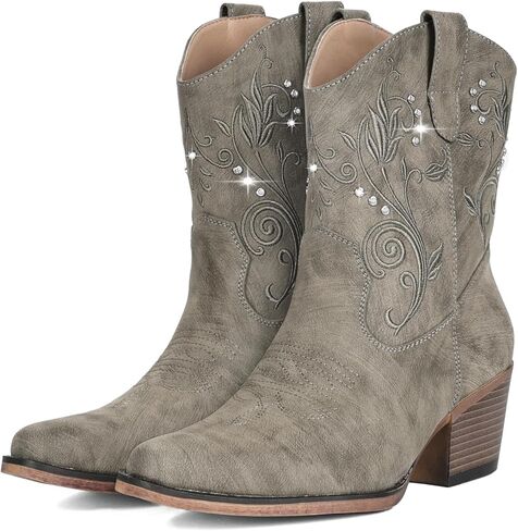 IUV Cowboy Boots for Women Ankle Cowgirl Boots with Embroidered Rhinestone Decor Chunky Heel Snip Toe Classic Western Wide Booties in Saudi Arabia
