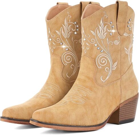 IUV Cowboy Boots for Women Ankle Cowgirl Boots with Embroidered Rhinestone Decor Chunky Heel Snip Toe Classic Western Wide Booties in Saudi Arabia