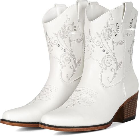 IUV Cowboy Boots for Women Ankle Cowgirl Boots with Embroidered Rhinestone Decor Chunky Heel Snip Toe Classic Western Wide Booties in Saudi Arabia