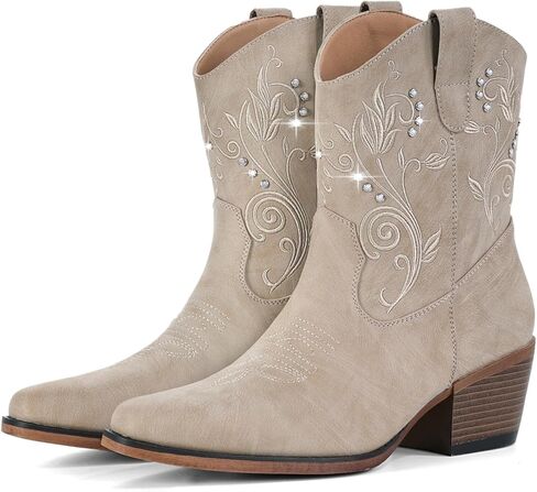 IUV Cowboy Boots for Women Ankle Cowgirl Boots with Embroidered Rhinestone Decor Chunky Heel Snip Toe Classic Western Wide Booties in Saudi Arabia