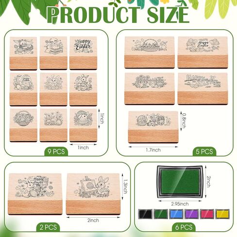 Marspark 22 Pcs Easter Wooden Rubber Stamps and Craft Ink Pads Set Mixed Easter DIY Cards Wooden Rubber Stamps for Party Scrapbooking Cards Making Supplies Gift Craft Decor in Kuwait