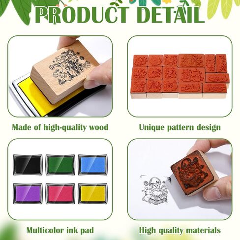 Marspark 22 Pcs Easter Wooden Rubber Stamps and Craft Ink Pads Set Mixed Easter DIY Cards Wooden Rubber Stamps for Party Scrapbooking Cards Making Supplies Gift Craft Decor in Kuwait