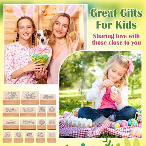 Marspark 22 Pcs Easter Wooden Rubber Stamps and Craft Ink Pads Set Mixed Easter DIY Cards Wooden Rubber Stamps for Party Scrapbooking Cards Making Supplies Gift Craft Decor in Kuwait