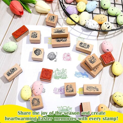 Marspark 22 Pcs Easter Wooden Rubber Stamps and Craft Ink Pads Set Mixed Easter DIY Cards Wooden Rubber Stamps for Party Scrapbooking Cards Making Supplies Gift Craft Decor in Kuwait