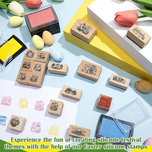 Marspark 22 Pcs Easter Wooden Rubber Stamps and Craft Ink Pads Set Mixed Easter DIY Cards Wooden Rubber Stamps for Party Scrapbooking Cards Making Supplies Gift Craft Decor in Kuwait
