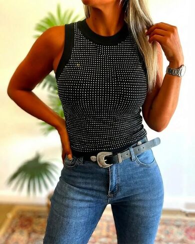 قميص بدون أكمام نسائي من CHICME برقبة وهمية مرصعة بأحجار الراين بدون أكمام ومقاس نحيف مناسب للحفلات والعطلات الصيفية in Kuwait