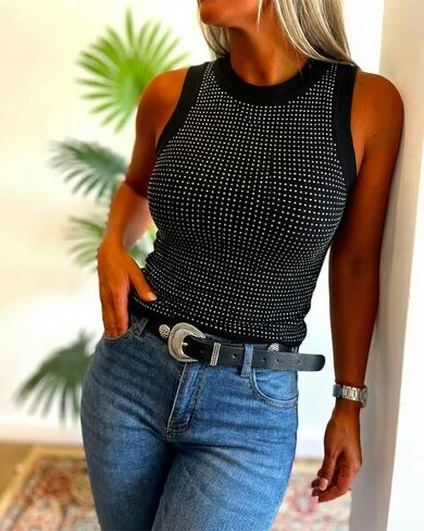 قميص بدون أكمام نسائي من CHICME برقبة وهمية مرصعة بأحجار الراين بدون أكمام ومقاس نحيف مناسب للحفلات والعطلات الصيفية in Kuwait