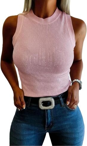 قميص بدون أكمام نسائي من CHICME برقبة وهمية مرصعة بأحجار الراين بدون أكمام ومقاس نحيف مناسب للحفلات والعطلات الصيفية in Kuwait