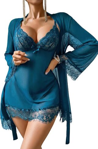 Avidlove Women 3 Piece Sexy Lingerie Set Floral Lace Trim Mini Babydoll Nightgown and Wide Sleeve Robe in Saudi Arabia