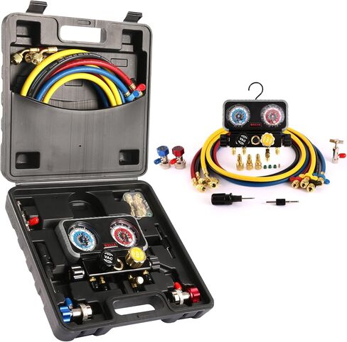 Wells 4-Way A2L AC مجموعة قياس متعددة لR454B R32 R410A R134a مجموعة قياس HVAC احترافية مع وصلات خراطيم A2L بطول 5 أقدام يمكن الاستفادة منها تعمل على شحن فريون السيارة والإخلاء in Saudi Arabia