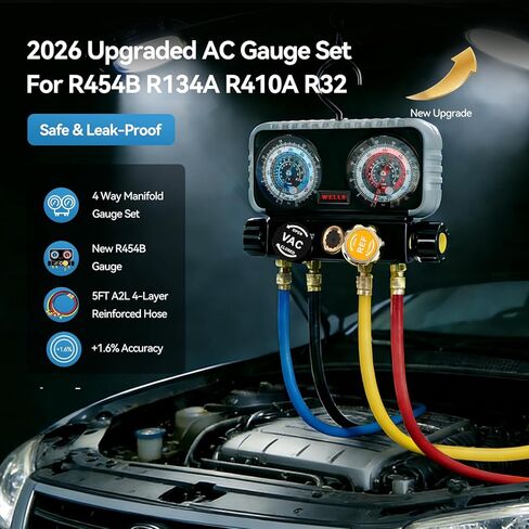 Wells 4-Way A2L AC مجموعة قياس متعددة لR454B R32 R410A R134a مجموعة قياس HVAC احترافية مع وصلات خراطيم A2L بطول 5 أقدام يمكن الاستفادة منها تعمل على شحن فريون السيارة والإخلاء in Saudi Arabia