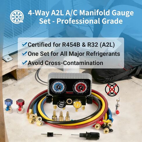Wells 4-Way A2L AC مجموعة قياس متعددة لR454B R32 R410A R134a مجموعة قياس HVAC احترافية مع وصلات خراطيم A2L بطول 5 أقدام يمكن الاستفادة منها تعمل على شحن فريون السيارة والإخلاء in Saudi Arabia