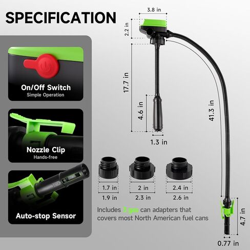 مضخة نقل الوقود مع مستشعر إيقاف تلقائي (3.2 GPM) متوافقة مع بطاريات DeWalt DCB20 وMilwaukee M18 (غير متضمنة)، مضخة وقود محمولة، مضخة غاز خرطوم 41 بوصة للديزل والبنزين و3 محولات خزان in Kuwait