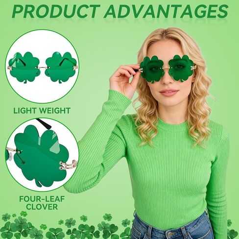 St. Patrick's Day Shamrock Four Leaf Clover Glasses, 2Pcs Green Irish Sunglasses Leprechaun Costume Party Favor in Saudi Arabia