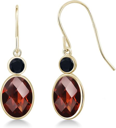 Gem Stone King 14K Yellow Gold Red Garnet and Black Onyx Hook French Fish Ear Wire Dangle Earrings For Women (3.27 Cttw, Gemstone January Birthstone, Oval Checkerboard 8X6MM, Round 3MM) in Saudi Arabia
