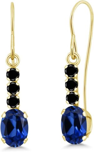 Gem Stone King 10K Yellow Gold Blue Created Sapphire and Black Diamond Drop Dangle Earrings For Women (1.56 Cttw, Gemstone September Birthstone, Oval 6X4MM) in Saudi Arabia