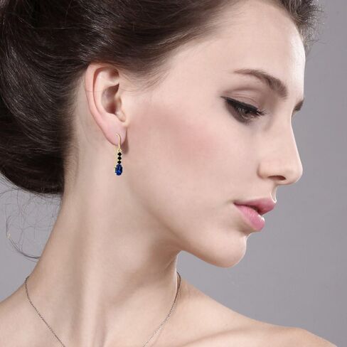 Gem Stone King 10K Yellow Gold Blue Created Sapphire and Black Diamond Drop Dangle Earrings For Women (1.56 Cttw, Gemstone September Birthstone, Oval 6X4MM) in Saudi Arabia