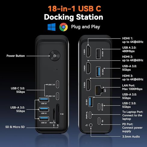 محطة إرساء شاشة مزدوجة 4K لجهاز MacBook Pro/Air، محطة إرساء USB C مع مصدر طاقة 65 وات، USB 3.1 بسرعة 10 جيجابت في الثانية، حاوية SSD، قاعدة USB C مع 7 منافذ USB، 2 HDMI، VGA، RJ45، SD/TF، ​​التوصيل والتشغيل in Kuwait