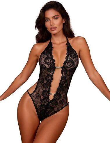 Lace Bodysuit - Deep V-Neck One Piece, Adjustable Fit in Saudi Arabia