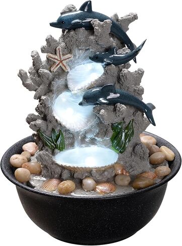 Indoor Tabletop Dolphin Water Fountain with LED Light – Ocean Theme Desk Decor and River Rocks, Relaxing Sound Machine for Sleep & Office, Zen Home Décor Gift for Women, Living Room Decoration in Saudi Arabia