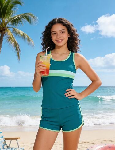 Girls Swimsuit Ribbed Color-Blocked Bathing Suit Scoop Neck Tankini Tops with Boyshort Girls Swimsuits Size 6-14 in Saudi Arabia