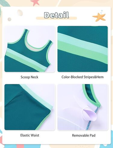Girls Swimsuit Ribbed Color-Blocked Bathing Suit Scoop Neck Tankini Tops with Boyshort Girls Swimsuits Size 6-14 in Saudi Arabia