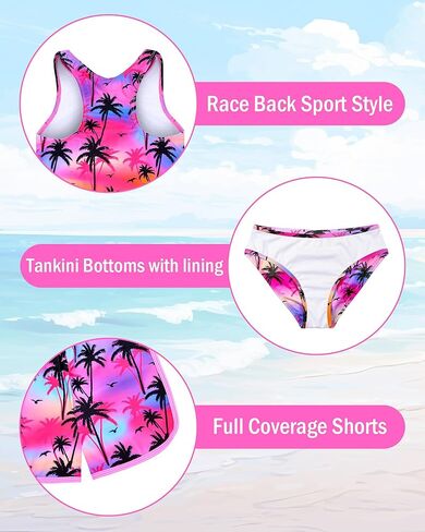 الفتيات ملابس السباحة 3 قطعة Tankini ثوب السباحة مجموعة الصيف Racerback أعلى الفتيات بيكيني ملابس السباحة مع السراويل 6-14 سنة in Kuwait