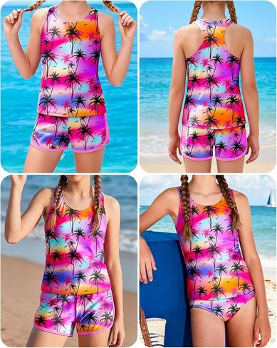 الفتيات ملابس السباحة 3 قطعة Tankini ثوب السباحة مجموعة الصيف Racerback أعلى الفتيات بيكيني ملابس السباحة مع السراويل 6-14 سنة in Kuwait
