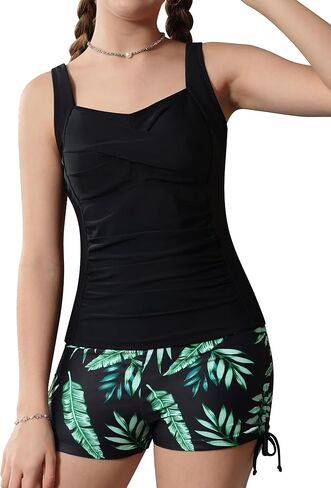 طقم ملابس سباحة للفتيات تانكيني مكون من قطعتين لباس سباحة برباط مطبوع للفتيات من عمر 9 إلى 16 عامًا in Kuwait