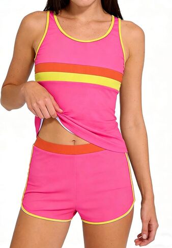 Girls Swimsuit Ribbed Color-Blocked Bathing Suit Scoop Neck Tankini Tops with Boyshort Girls Swimsuits Size 6-14 in Saudi Arabia