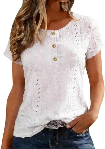 Vacation Tops Women Mesh Hollow Out Short Sleeve Beach Boho V Neck Button Up Shirts Dressy Casual Tees in Saudi Arabia