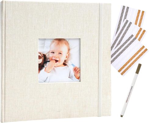 ألبوم سجل القصاصات ، 8 "x8" ألبوم صور DIY مع غلاف الكتان النافذة المربعة Kraft Paper 32 ورقة ، كتاب ذاكرة أنيقة لحفل الزفاف ، الذكرى ، العائلة ، السفر ، البيج in Saudi Arabia
