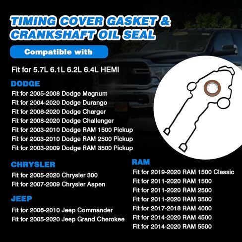 Timing Cover Gasket & Crankshaft Oil Seal Compatible with 5.7L 6.1L 6.2L 6.4L HEMI Jeep Commander Grand Cherokee Dodge Chrysler 300 Aspen Ram 1500 2500 3500 Replace for TCS46169 TCS 46169 53021585AD in Saudi Arabia
