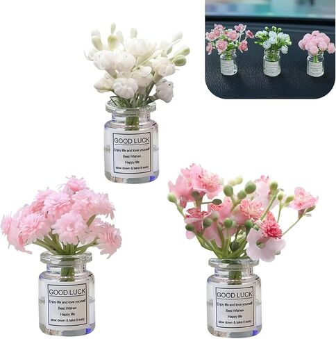3 PCS Car Dash Flower Ornaments, Cute Mini Cherry Blossom Jasmine Decoration, Natural Simulated 3D Vase Arrangement, Universal Aesthetic Interior Accessory for Girl Women (Multicolored) in Kuwait