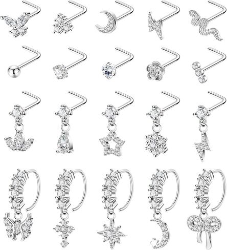 revolia 20pcs 20g حلقات الأنف المتدلية للنساء الجراحية الصلب المتدلية حلقات الأنف l على شكل الأنف ترصيع الأطواق تشيكوسلوفاكيا زهرة فراشة القلب الأنف ثقب المجوهرات in Saudi Arabia
