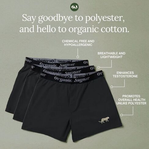 Organic Jaguar Boxers for Men 3 Pack, 100% Organic Cotton Underwear, Soft Breathable, Elastic Waistband, Comfortable in Saudi Arabia