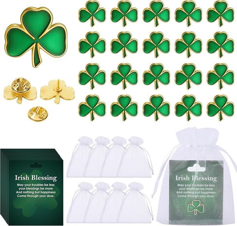 Wehhbtye 90 Pcs St. Patrick's Day Clover Pin with Blessing Cards and Organza Gift Bags, Good Luck Shamrock Lapel Pins, Irish Three Leaf Brooches for St. Patrick Party Birthday Gift Student Rewards in Saudi Arabia